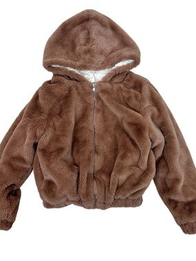 Emma & Elsa Cozy Faux Fur Hooded Zip Jacket in Warm Brown